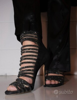 Scarpe sandali donna 39 strass gioiello tronchetti nere tacco