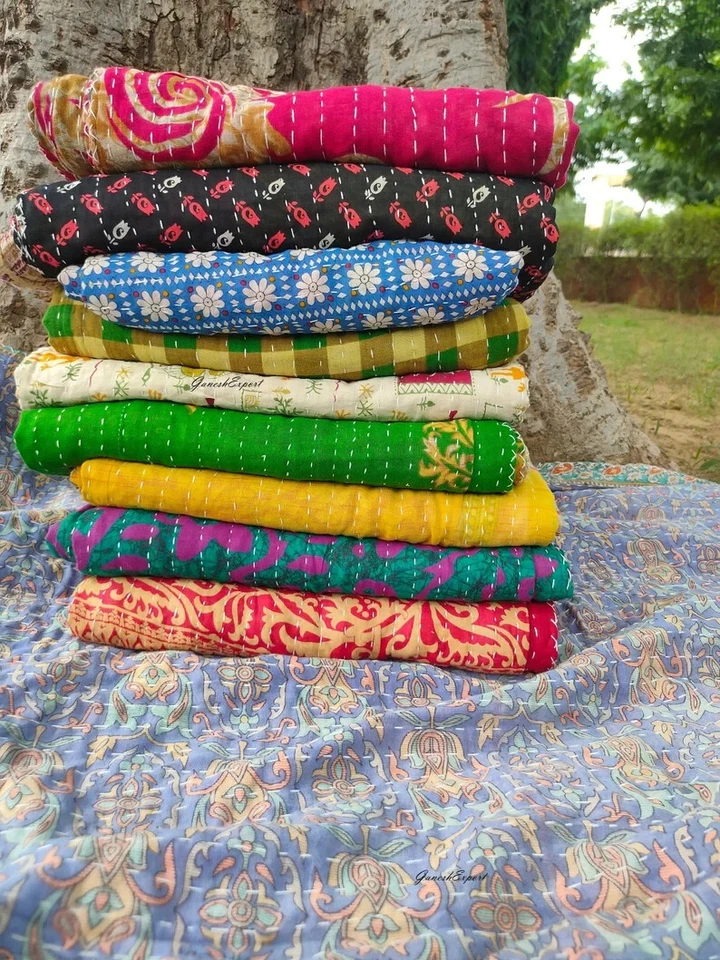 5 Pieces Mix Lot of Indian Tribal Kantha Quilts Vintage Cotton Bed Cover Throw - Image 4 of 4