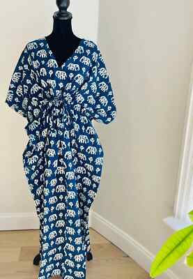 Indian Vintage 100% Cotton Long Beach Maxi Kaftan Dress One Size Caftan Kimono