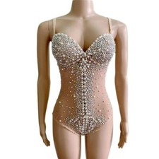 Body Nudo Scintillante Strass Perla Vedi Attraverso Body Bar DJ Singer Team