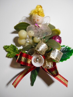 VTG Handmade Christmas Spun Cotton ANGEL Sugared Mercury Bells Ornaments Corsage