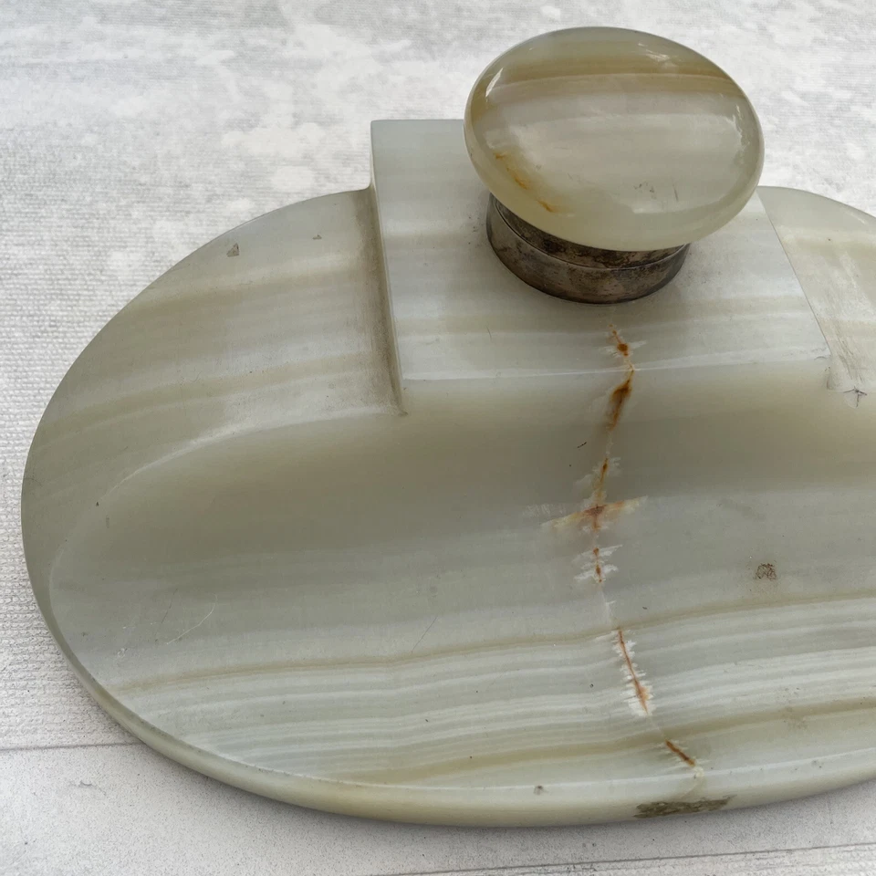 "Antiguo pozo de tinta de plata de ley y ónix con sello inglés - 8,5"" x 5,5"" x 3,25""" Foto 2 de 4