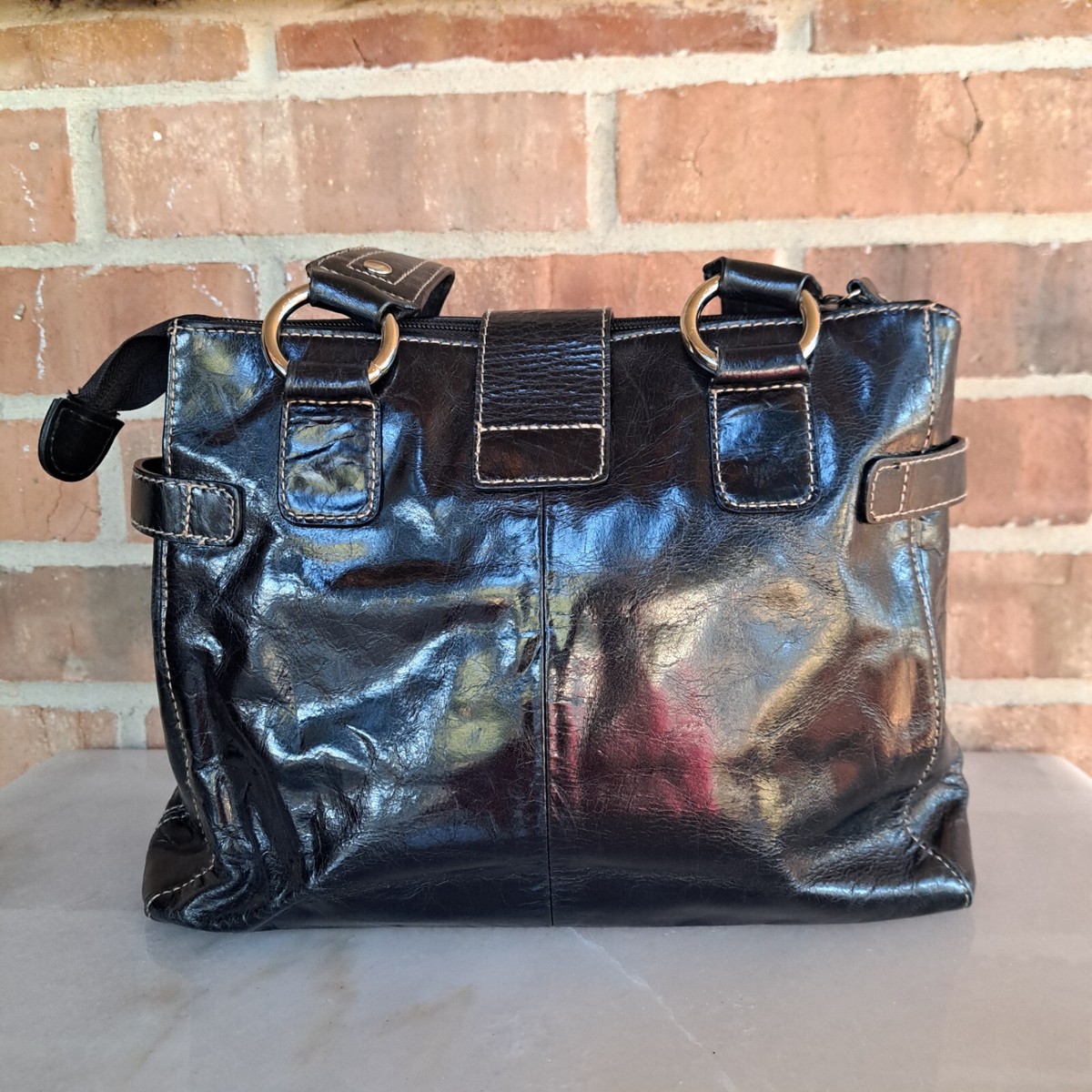 Y2K Vtg Hillard & Hanson Glossy Genuine Leather Handbag W/ Big