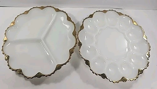 Deviled Egg Divided Relish Plate Dish Lot Of 2 Milk Glass Anchor Hocking Vintage
