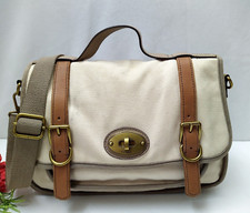 Fossil Long Live Vintage 54 Ivory Canvas Turnlock Flap Messenger Crossbody Bag