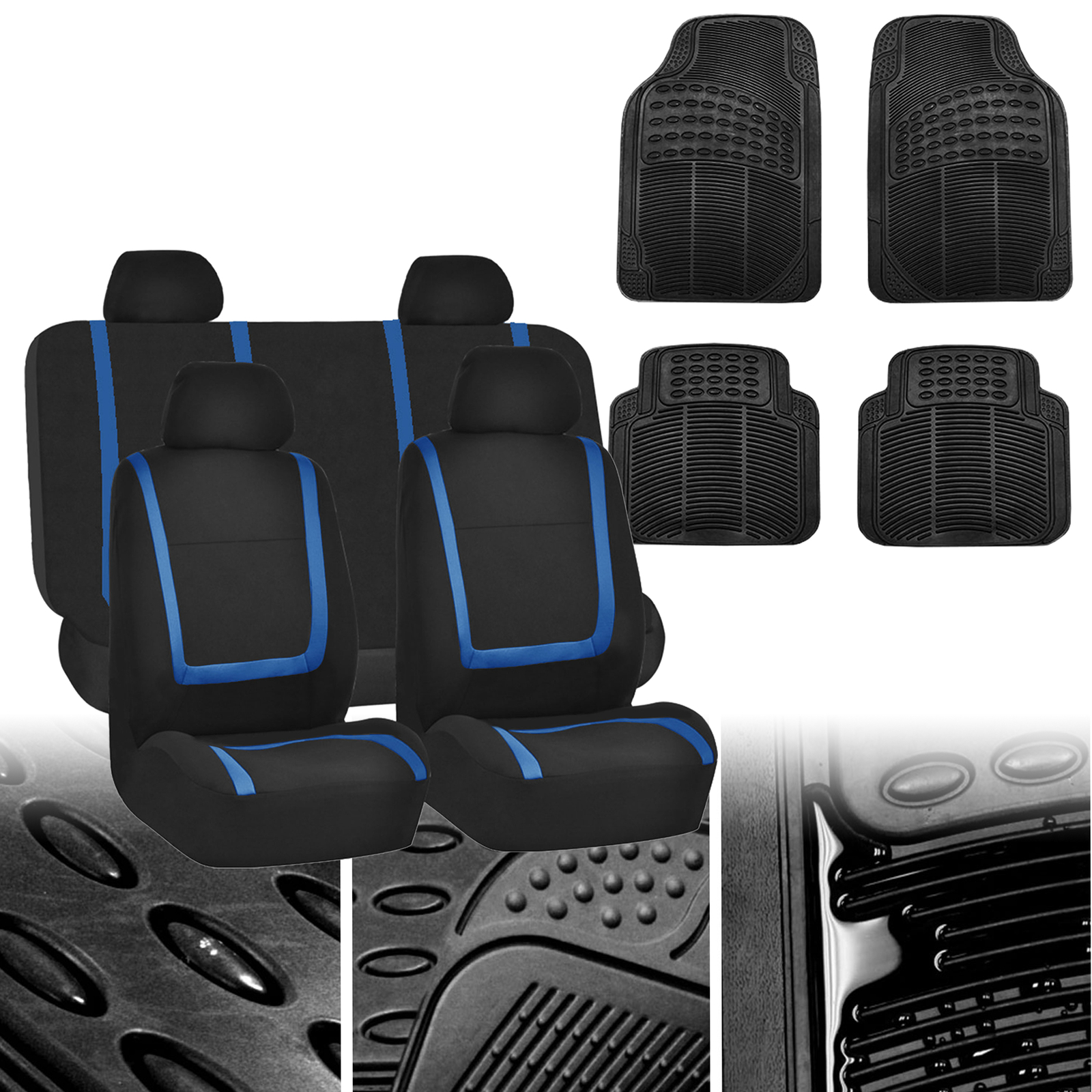 Blue Black Cloth  Auto Seat Covers with Black Heavy Duty Floor Mats