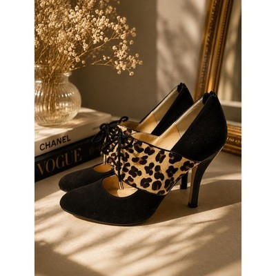 Isola Womens Leopard Print Calf Hair Suede Lace Up Pointed Toe Pumps Black Sz 8