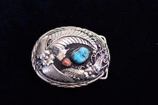 Native Sterling Turquoise Coral Belt Buckle