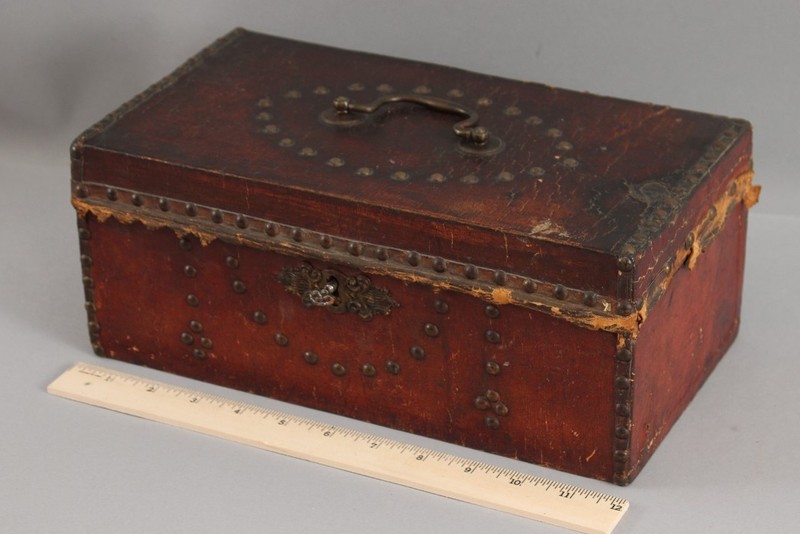  Small 19thC Antique Leather & Brass Tacks Personal Chest, Paper Lining, NR