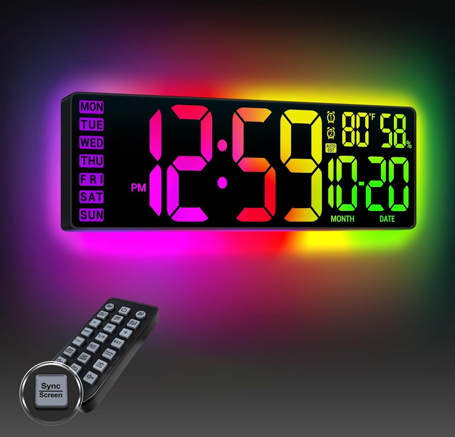 Large Digital Wall Clock 16.5" RGB Night Lights Remote Control LED Display