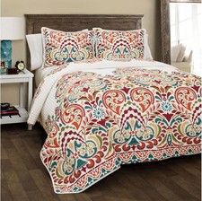 Clara Quilt 3 Piece Reversible Bedding Set, King, Turquiose  Tangerine