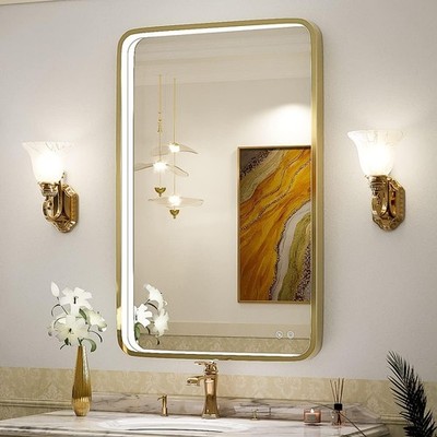 24x36 Inch Dimmable LED Bathroom Vanity Mirror w Non-Rusting Gold Frame Anti-Fog