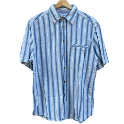 Dunnes Linen Rich Short Sleeve Button Shirt Mens Medium Plaid Aqua Blue