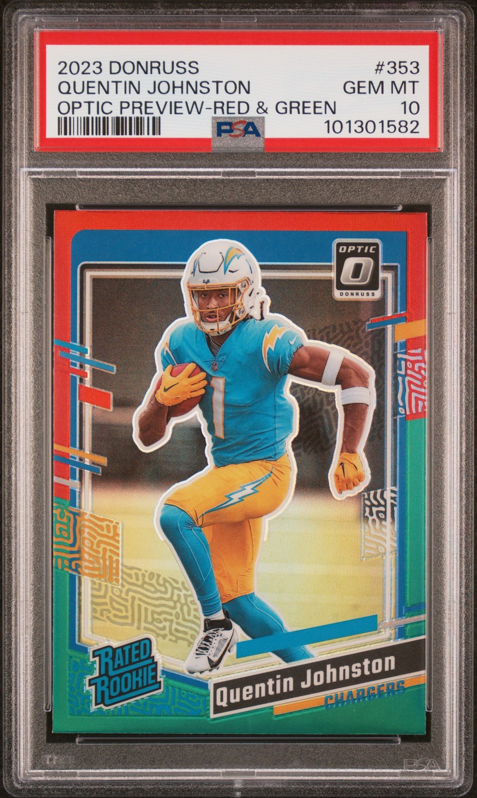 2023 Panini Donruss #353 Quentin Johnston Optic Preview-Red & Green PSA 10