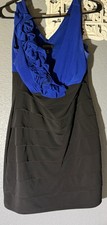 Enfocus Studio petite blue & black ruffled dress features a v-neckline