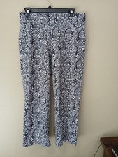 Lands End Size Medium 10/12 Pull On Black White Floral Pants Zipper Pocket Cropp