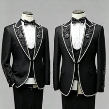 Black 3Pcs Men's Suits Formal Prom Dinner Jacket Shining Rhinestone Coat Blazer