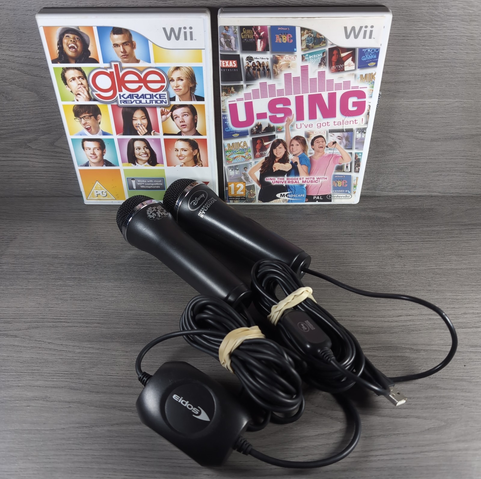 Nintendo Wii Logitech Microphones x 2 With Glee Karaoke & U-Sing Games