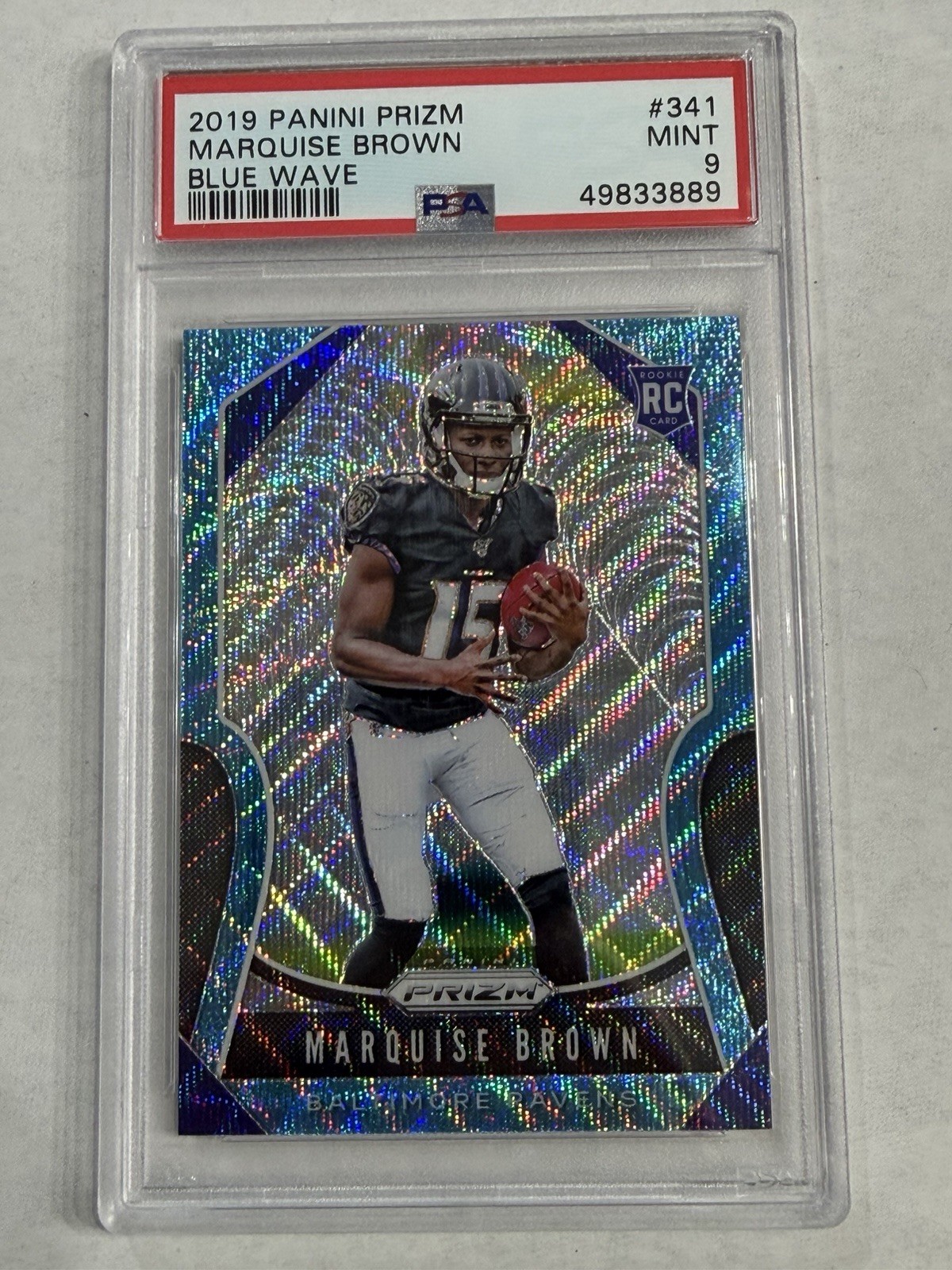 2019 Panini Prizm #341 Marquise Brown RC Blue Wave Prizm PSA 9 Mint Rookie /199