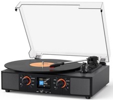 Vinyl Record Player with Built-in Speakers, 3-Speed Belt-Drive Grey Black