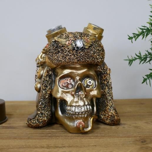 Steampunk Skull Head Retro Pilot Bronze Ornament Vintage Mechanical Resin Decor
