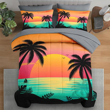 Beach Sunset Palm Tree Queen Comforter Set - 7 Pcs Tropical Bedding Decor