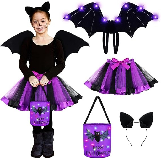 4 Pcs Halloween Bat Costume for Kids Includes Black Bat LED Wing