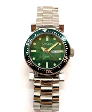 Mint ARAGON M DIVER Automatic Mens Watch 50mm 24 Jewels A033 Green Dial / Bezel