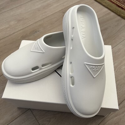 NIB PRADA Mellow Triangle Logo White Soft Rubber Mules Clogs Flats Sz 41 11
