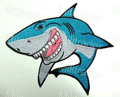 6''! Cartoon Animated Scary Smiling Swimming Shark Patch (Iron-on)