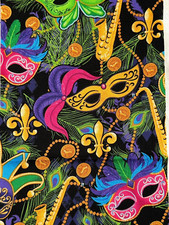 10" W X18" 100 Cotton Fabric Mardi Gras Masks Saxophone Doubloons Beads Fleur