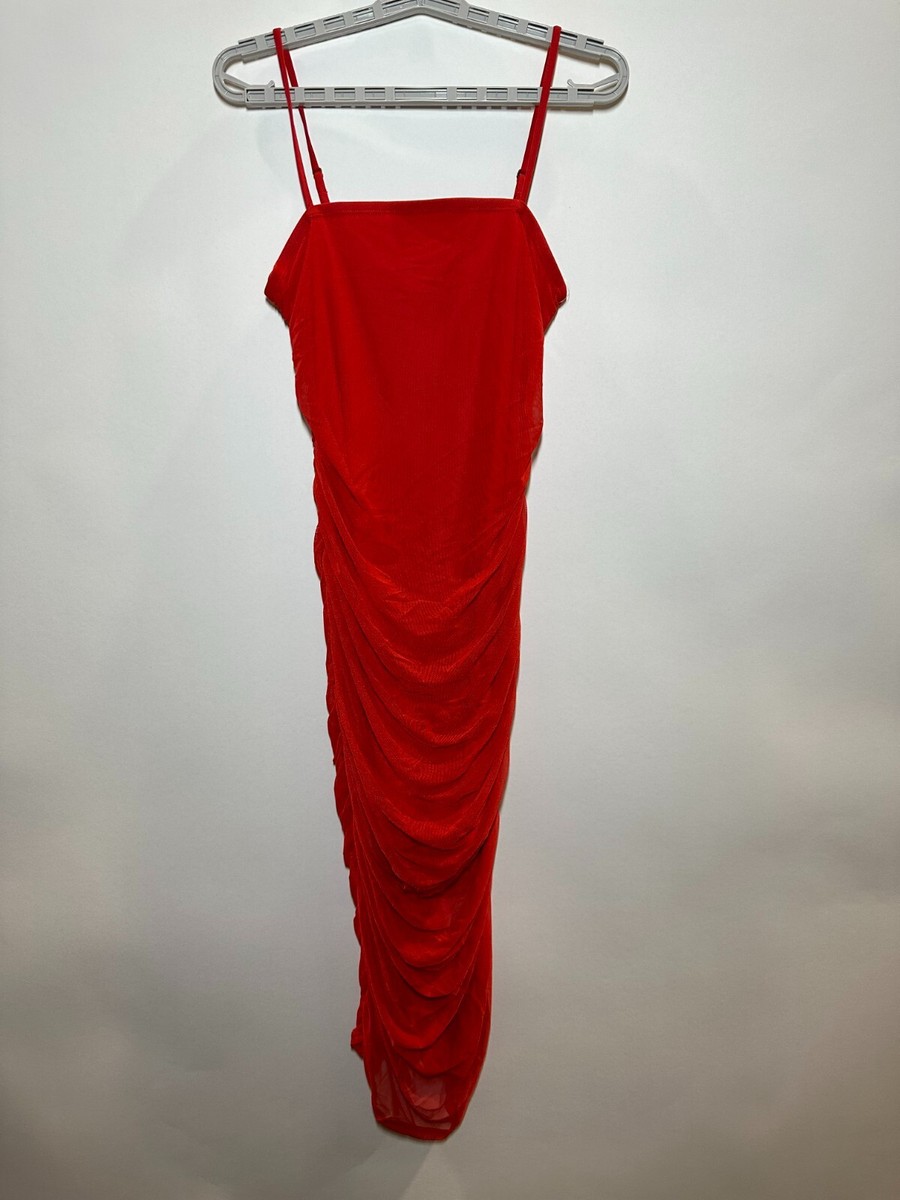 shape red mesh cowl ruched midi dress Shop RECYCLED Shape Red Mesh Cowl Ruched Midi Dress Online in Oman