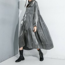 Womens Solid Color Loose Long Sleeve Dress Fashion Long Pleated Shirt Skirt
