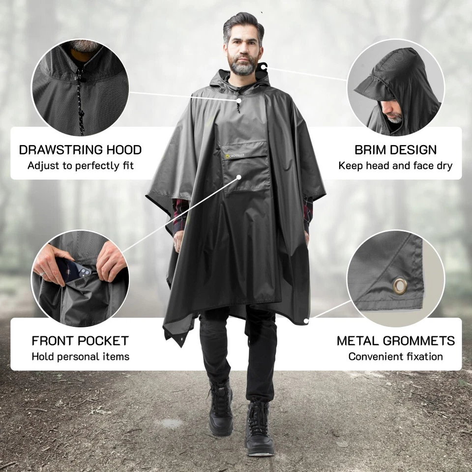 CROSSLER 连帽雨披带口袋,男式女式成人,3 合 1 防水 — 第 4/4 张图片