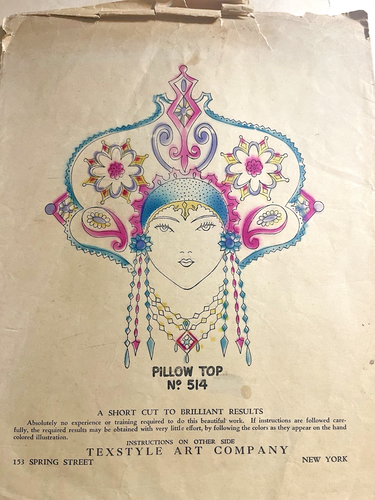 Vintage Art Deco Pillow Top Pattern #514 Texstyle Art Co. NYC Lady w- Headdress