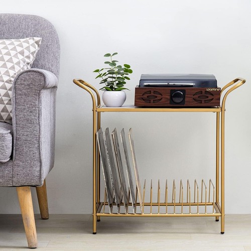 2-Tier Brass Metal Record Player Stand and LP Vinyl Album Storage Rack w/ Shelf - Picture 3 of 7