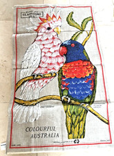 Vintage Attunga Australian Pink Cockatoo Rainbow Lorikeet Birds Linen Tea Towel