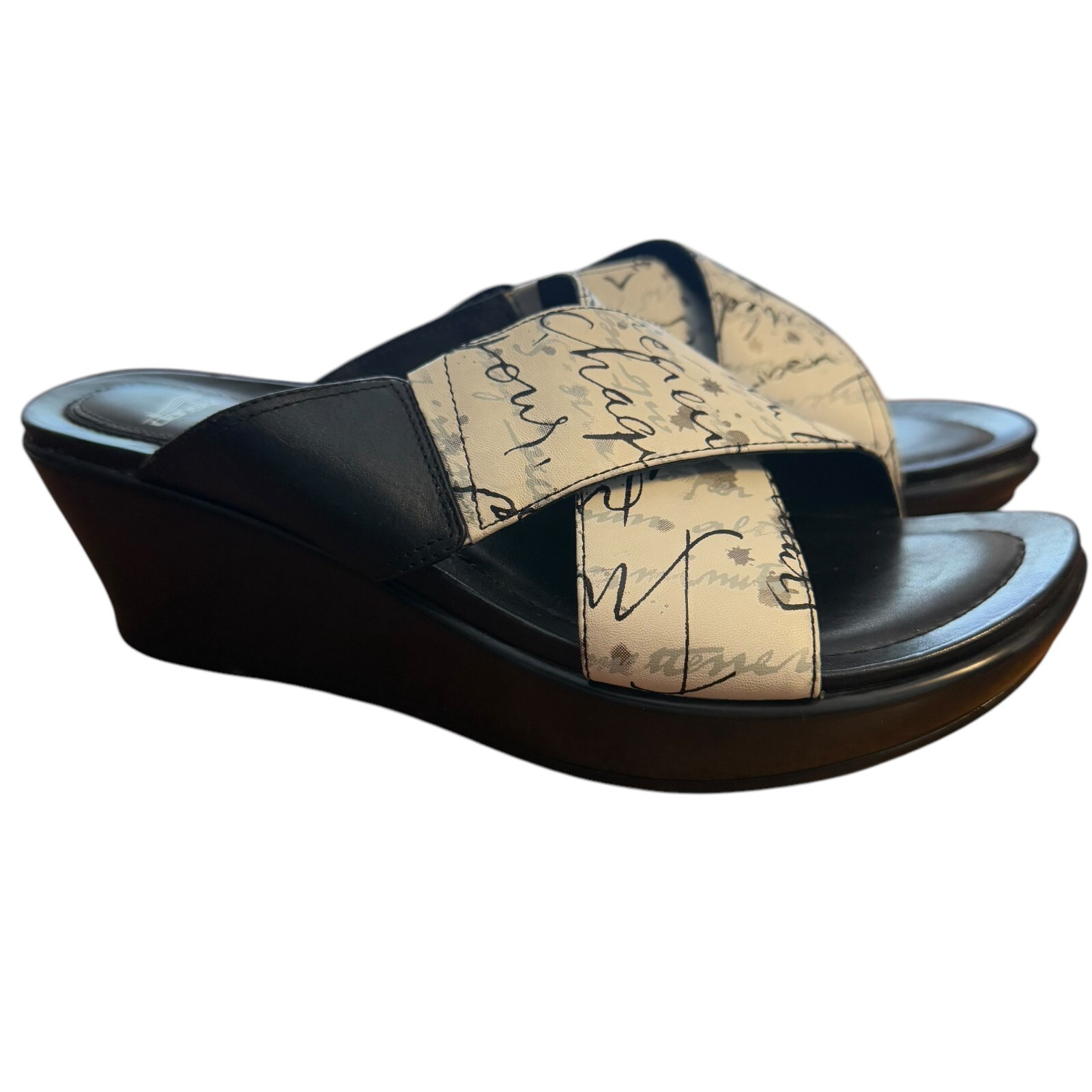 Dansko Ava Script Cream Black Criss Cross Sandals Wedge Comfy Shoes 38 7.5 8