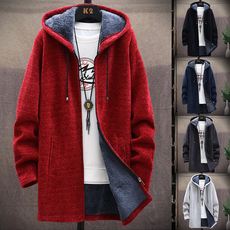 Men's Long Hooded Sweater Coat Fleece Lining Thick Knitted Winter Warm Jacket US