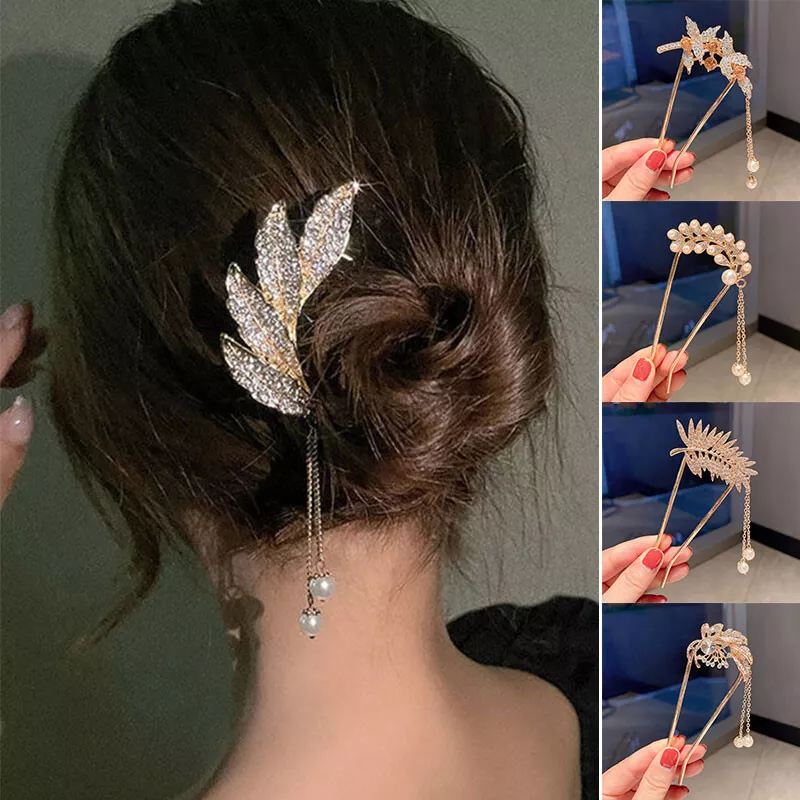 Leaves U Shape Rhinestone Hairpins Elegant Hair Accessories Metal