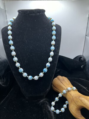 Pretty SUMMER TIME Miriam Haskell Blue Glass Beads Necklace/Bracelet Set SIGNED