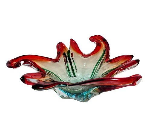 Vintage Large Italian Murano Sommerso Art Glass Sculpted Centerpiece 8" Bowl