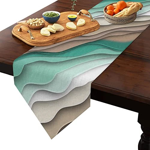 Green Brown Gradient Stripes Table Runner 90 inch,Geometric Dresser Scarves  - Image 3 of 4