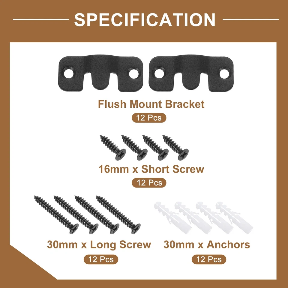 6 Pairs Flush Mount Bracket, 44x19mm Picture Hanger with Screw Anchors, Black - Image 3 of 4