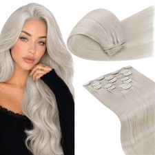 Human hair extensions clip in platinum ash blonde 22 inch 120g 7pcs