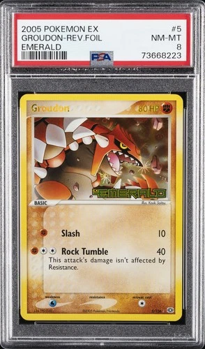 2005 POKEMON EX EMERALD #5 GROUDON-REVERSE FOIL PSA 8