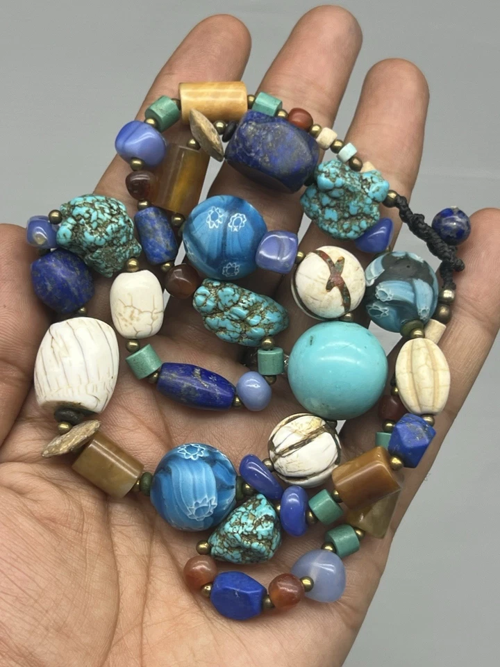 Collar de cuentas usado vintage Asia Nepal ágata turquesa lapislázuli concha cuentas Mala Foto 2 de 4