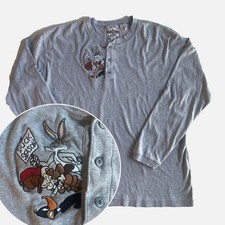 VTG Looney Tunes T-Shirt Men's M Gray Cotton Henley LT Classic Embroidered Bugs