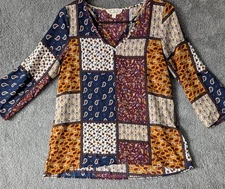 Pink Rose Paisley Colorblock Tunic Top Women’s XS Polyester 3/4 Sleeve Boho Chic