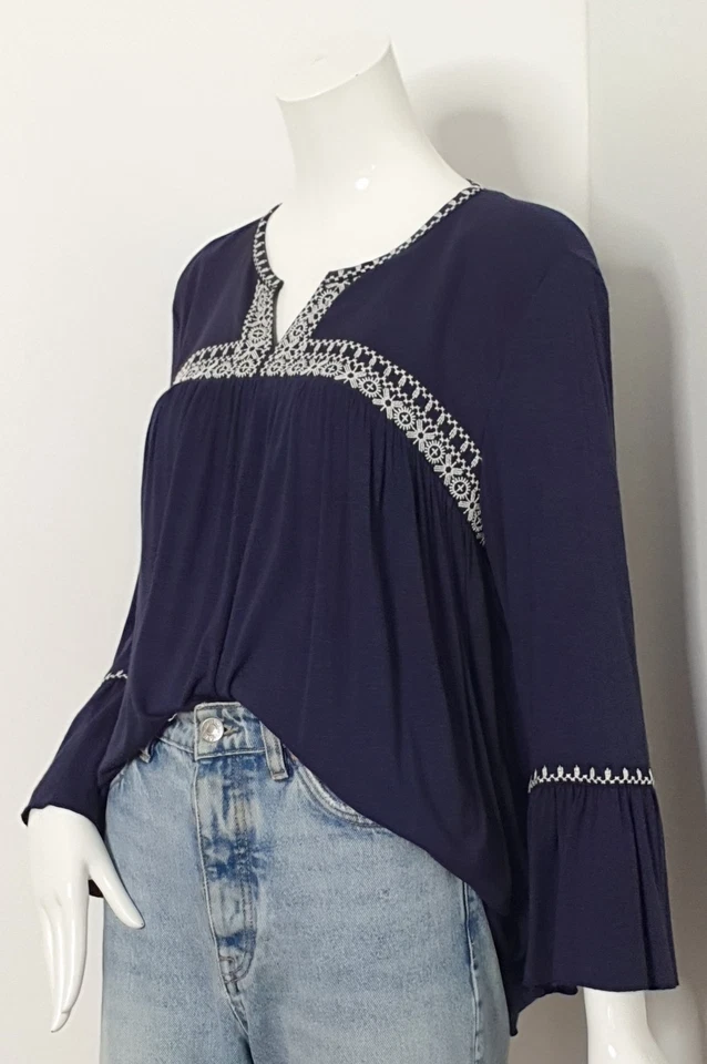 Fate + Becker Boho Top Sz 12/14 Navy W/Embroidered Detailing Bell Sleeves - image 3 of 4